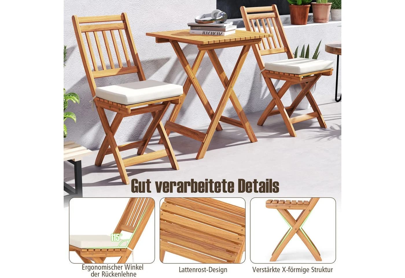 COSTWAY Bistro-Set 3-tlg. Klappbar Akazienholz mit Kissen - Bild 5