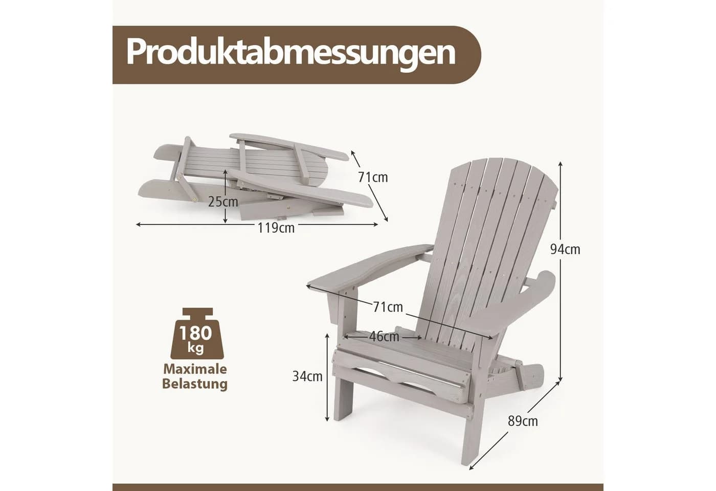 COSTWAY Gartenstuhl (2 St.) Adirondack Stuhl Klappbar Grau Holz - Bild 5