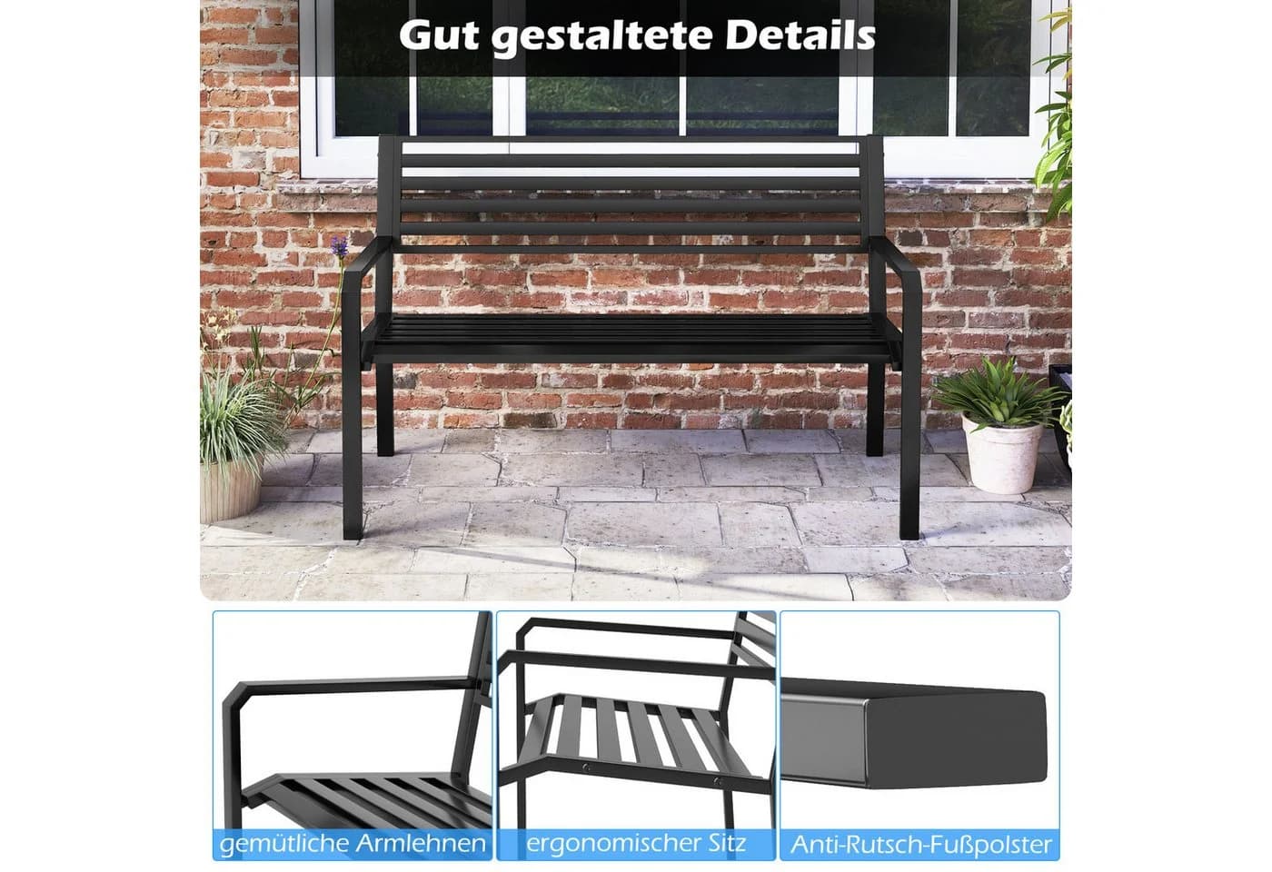 COSTWAY Gartenbank Metall Schwarz 2-3 Sitzer - Bild 5