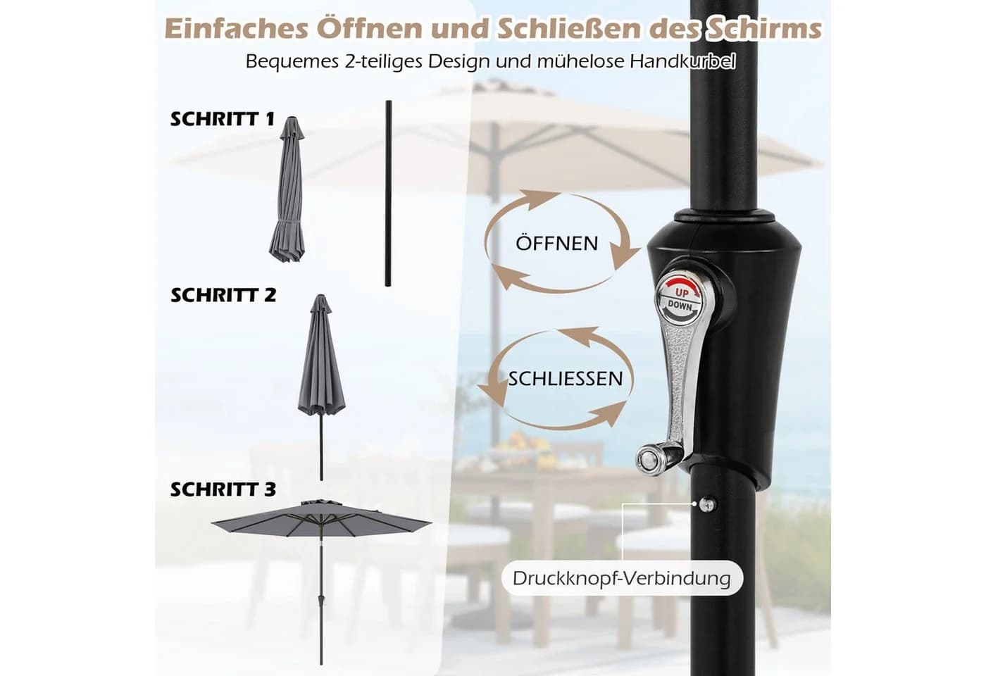 COSTWAY Sonnenschirm Grau 300x300 cm neigbar mit Kurbel - Bild 5