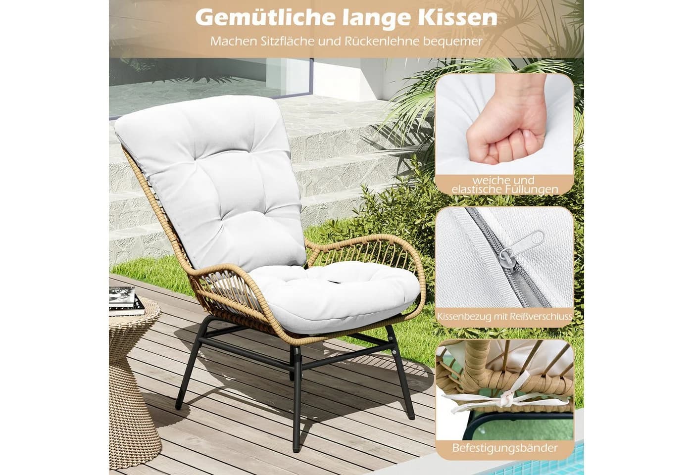 COSTWAY Gartenstuhl Rattansessel mit Kissen beige - Bild 4