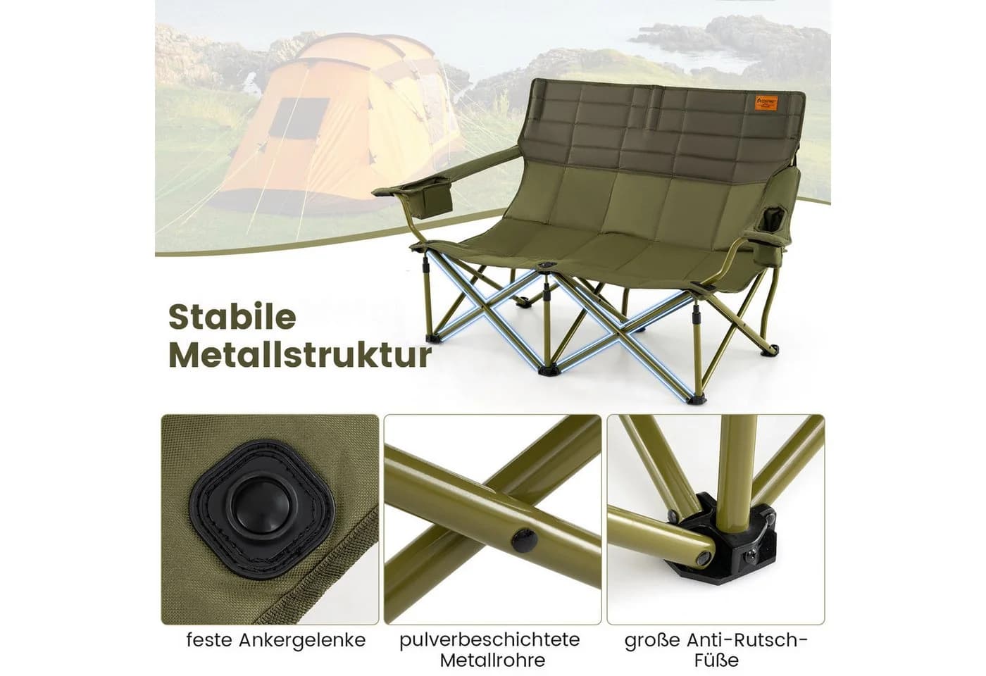 KOMFOTTEU Campingstuhl 2-Sitzer Klappstuhl mit Getränkehalter und Tragetasche - Bild 3