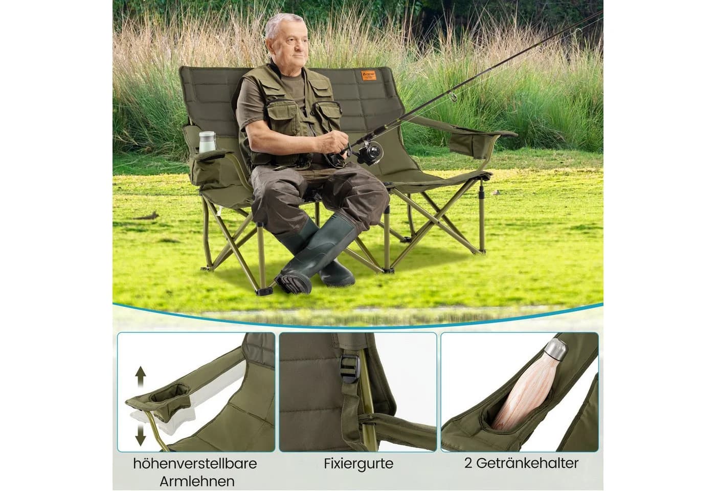 KOMFOTTEU Campingstuhl 2-Sitzer Klappstuhl mit Getränkehalter und Tragetasche - Bild 4