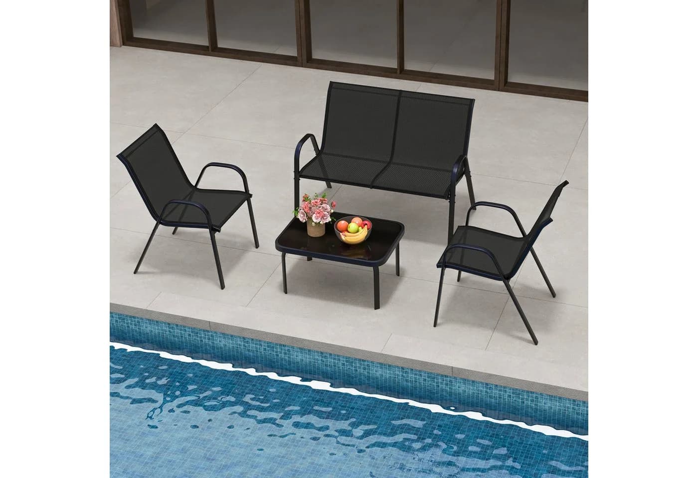 KOMFOTTEU Balkonset 4-tlg. mit Couchtisch & Gartenbank & 2 Stühlen Schwarz