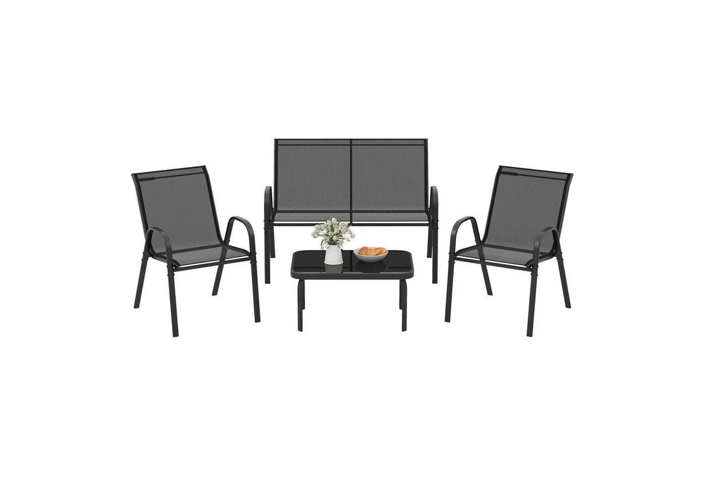 KOMFOTTEU Balkonset 4-tlg. mit Couchtisch & Gartenbank & 2 Stühlen Schwarz - Bild 2