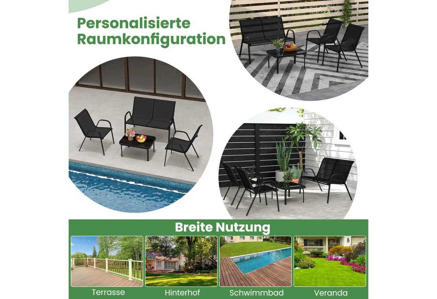 KOMFOTTEU Balkonset 4-tlg. mit Couchtisch & Gartenbank & 2 Stühlen Schwarz - Bild 3