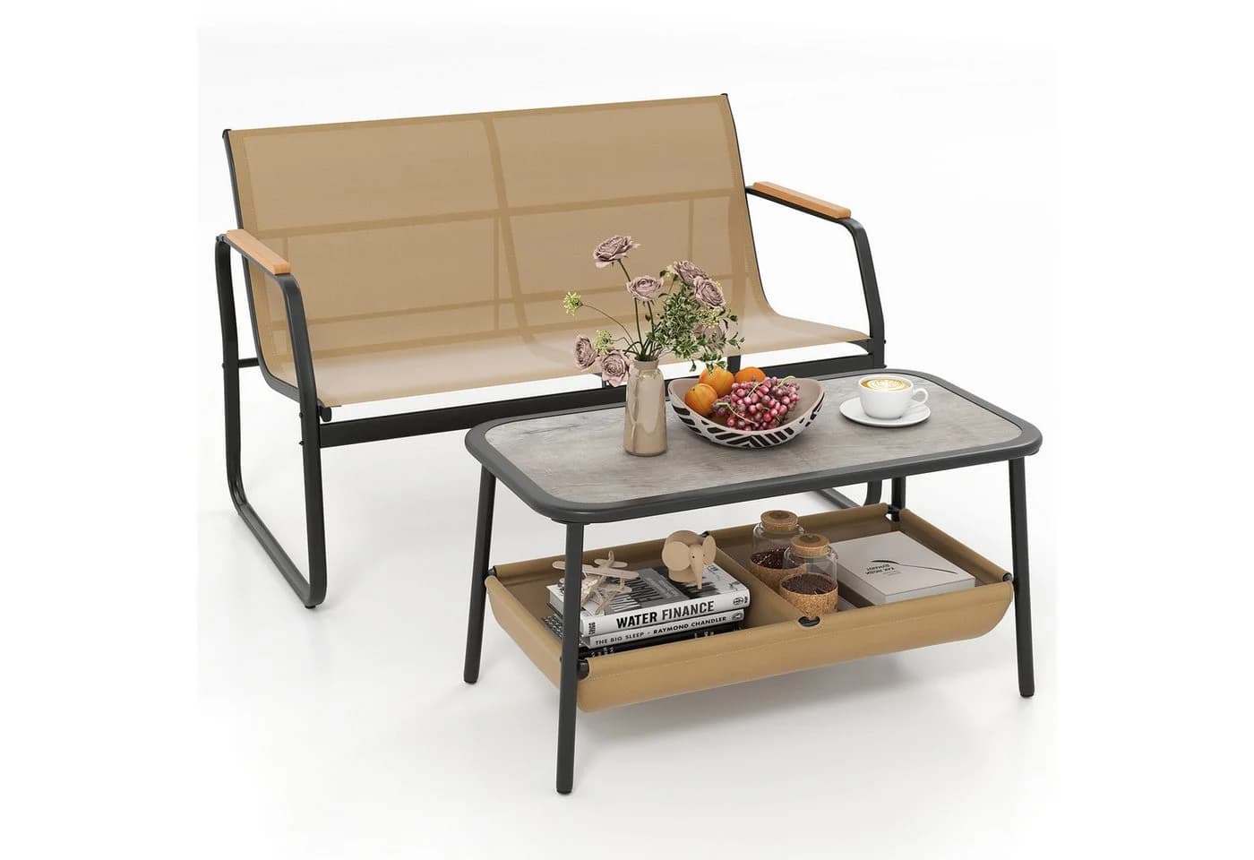 COSTWAY Balkonset 2-tlg. Terrassenmöbel Couchtisch-Set mit 2 Fächern - Bild 2