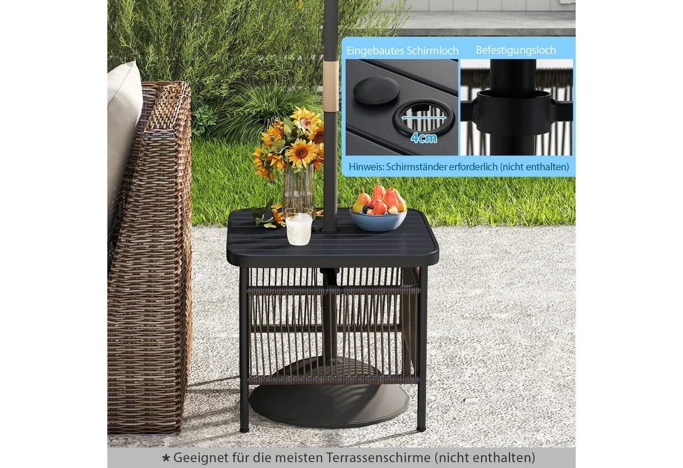 COSTWAY Gartentisch Beistelltisch Rattan mit Schirmloch - Bild 3