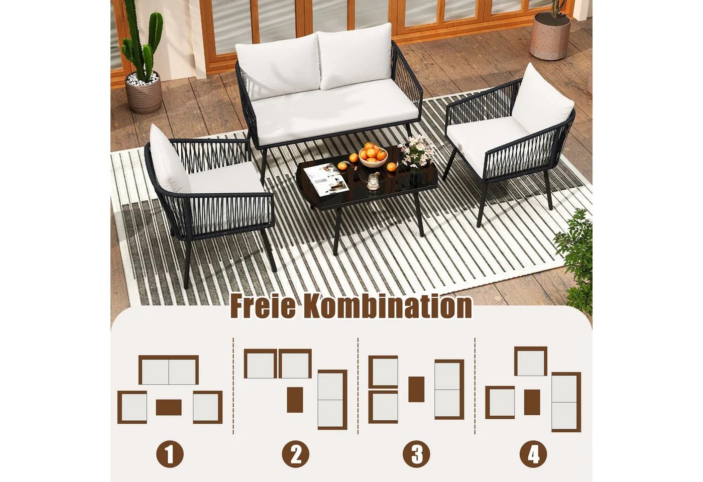 COSTWAY Gartenlounge-Set 4-tlg. Schwarz mit Kissen