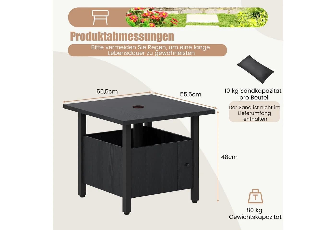 COSTWAY Gartentisch Beistelltisch Schwarz mit Schirmloch