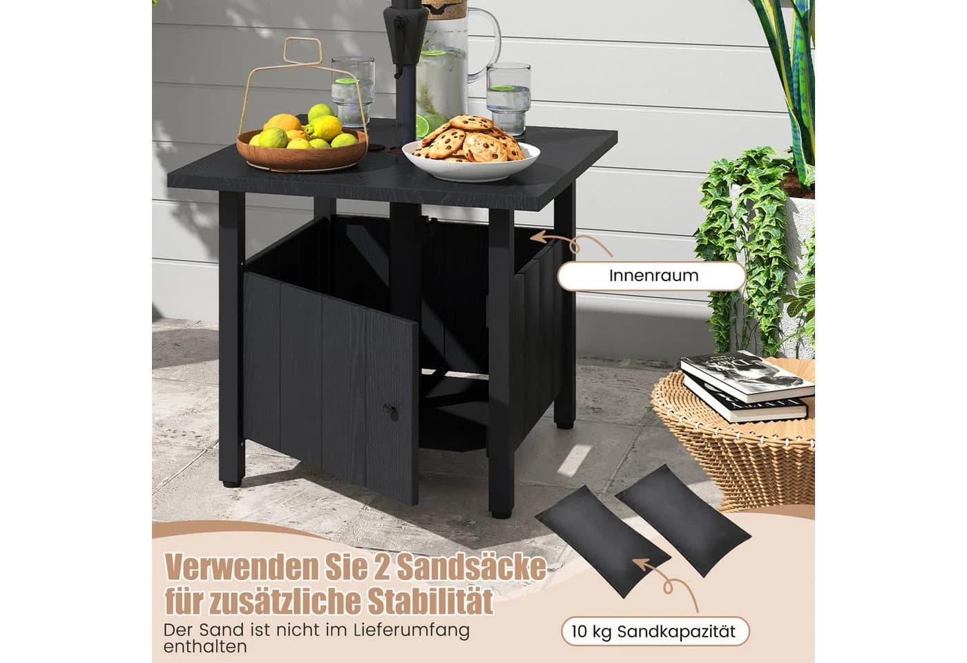 COSTWAY Gartentisch Beistelltisch Schwarz mit Schirmloch - Bild 4