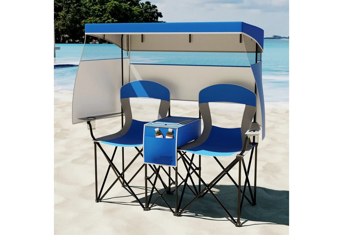 COSTWAY Doppelstrandstuhl Klappstuhl mit Sonnenschutz blau
