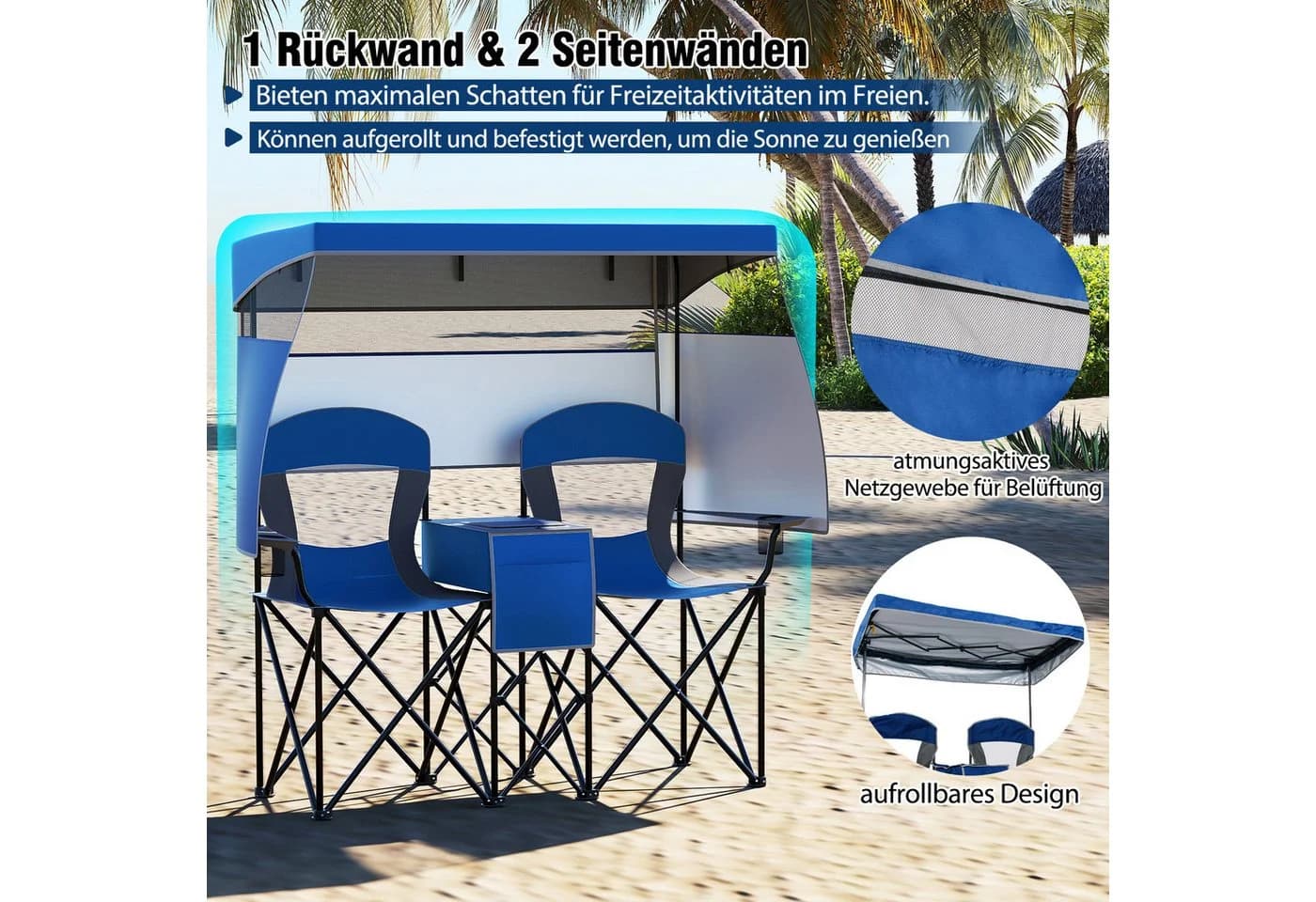 COSTWAY Doppelstrandstuhl Klappstuhl mit Sonnenschutz blau - Bild 3
