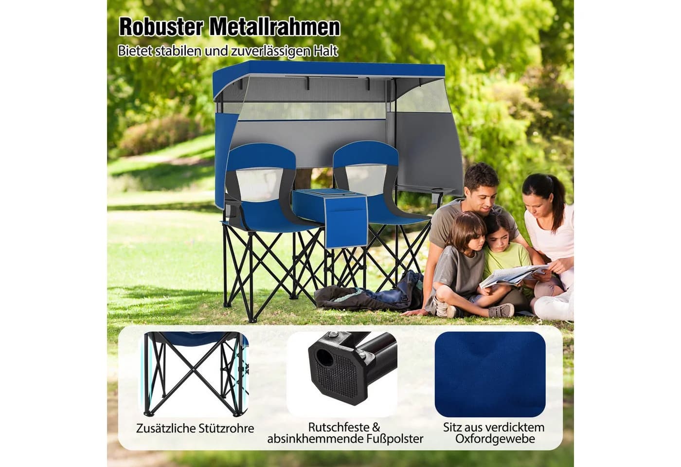 COSTWAY Doppelstrandstuhl Klappstuhl mit Sonnenschutz blau - Bild 5