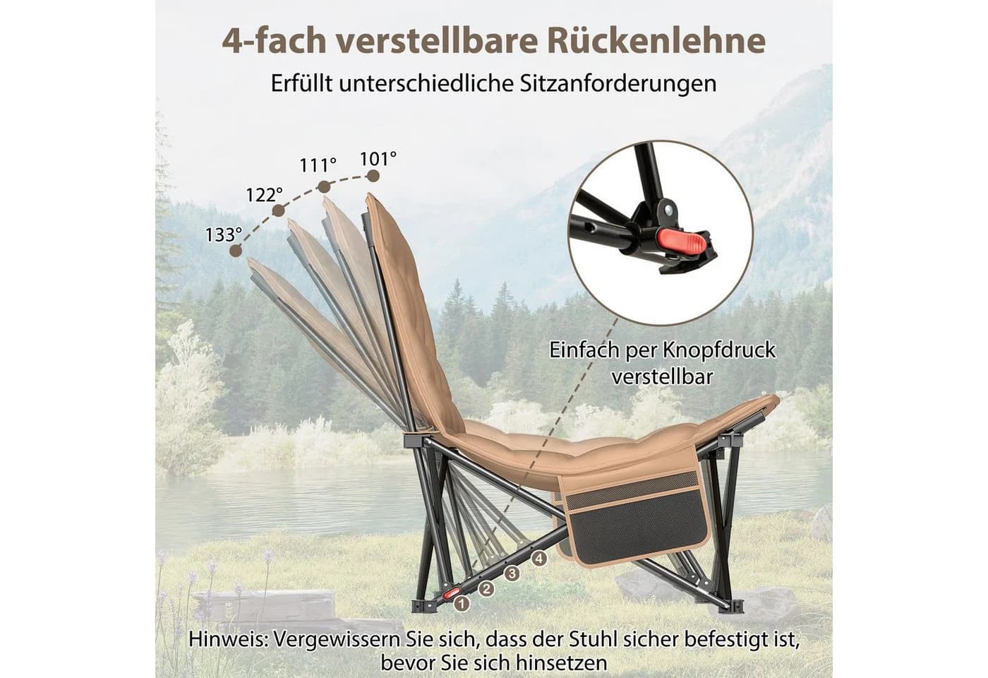 COSTWAY Campingstuhl bis 225kg belastbar, Klappstuhl einstellbar & faltbar - Bild 3