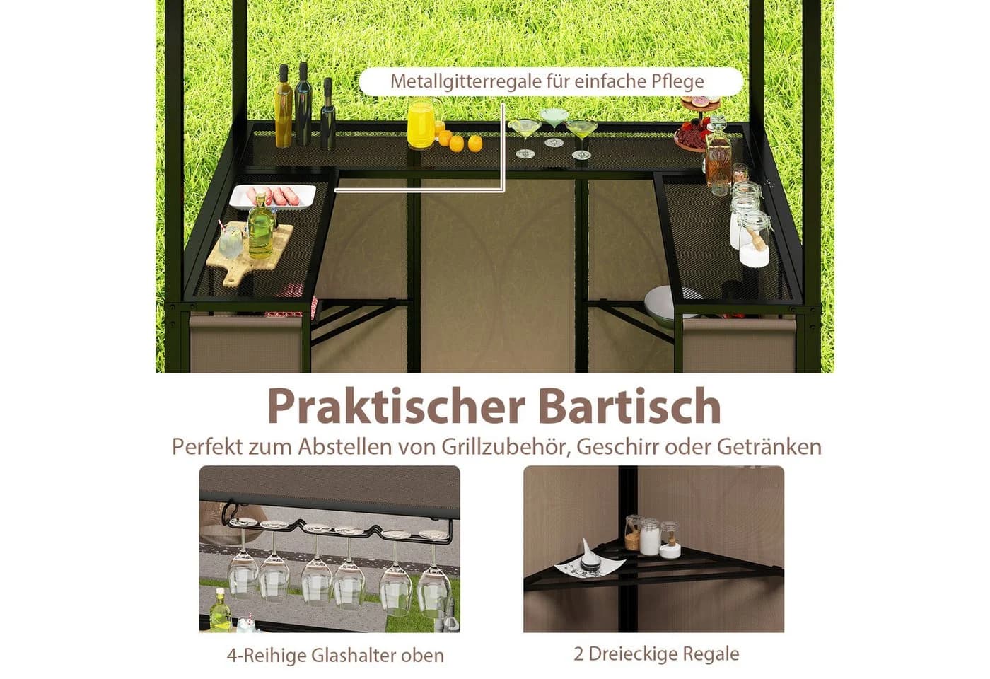 COSTWAY Grillpavillon mit Bartisch & 2 Hockern Braunes Polyester - Bild 4