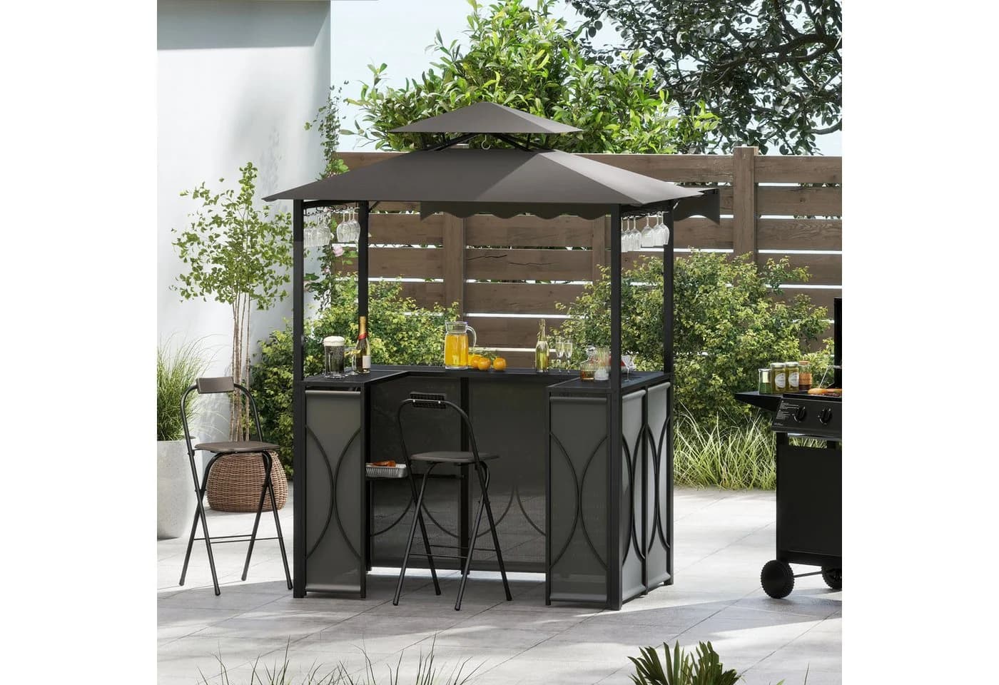 COSTWAY Grillpavillon 3-teiliges Bar-Set Gartenpavillon mit 2 Barhockern