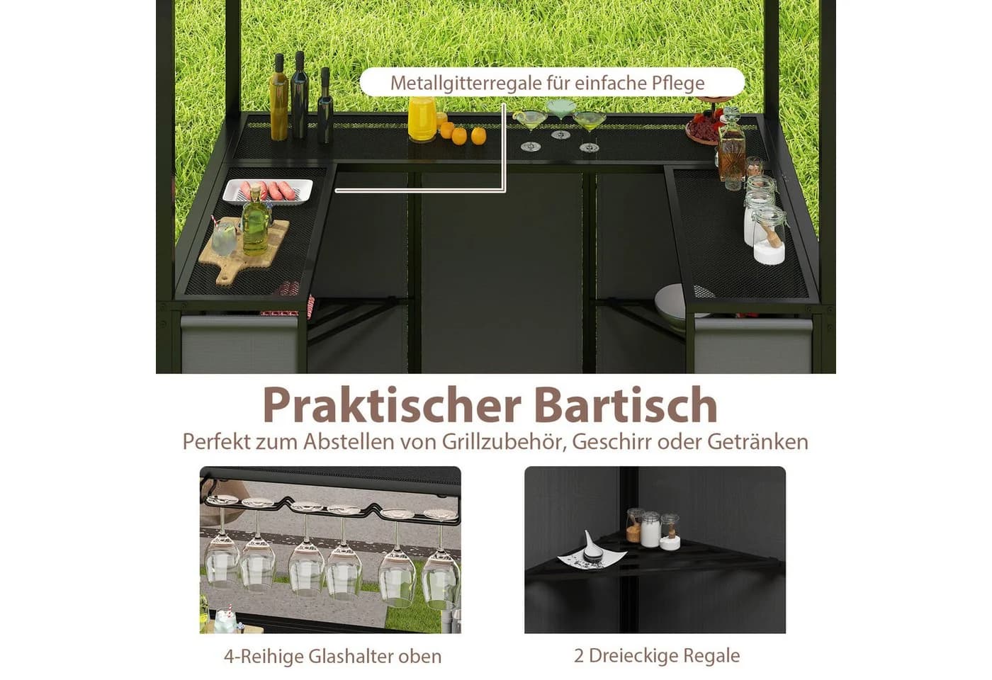 COSTWAY Grillpavillon 3-teiliges Bar-Set Gartenpavillon mit 2 Barhockern - Bild 4