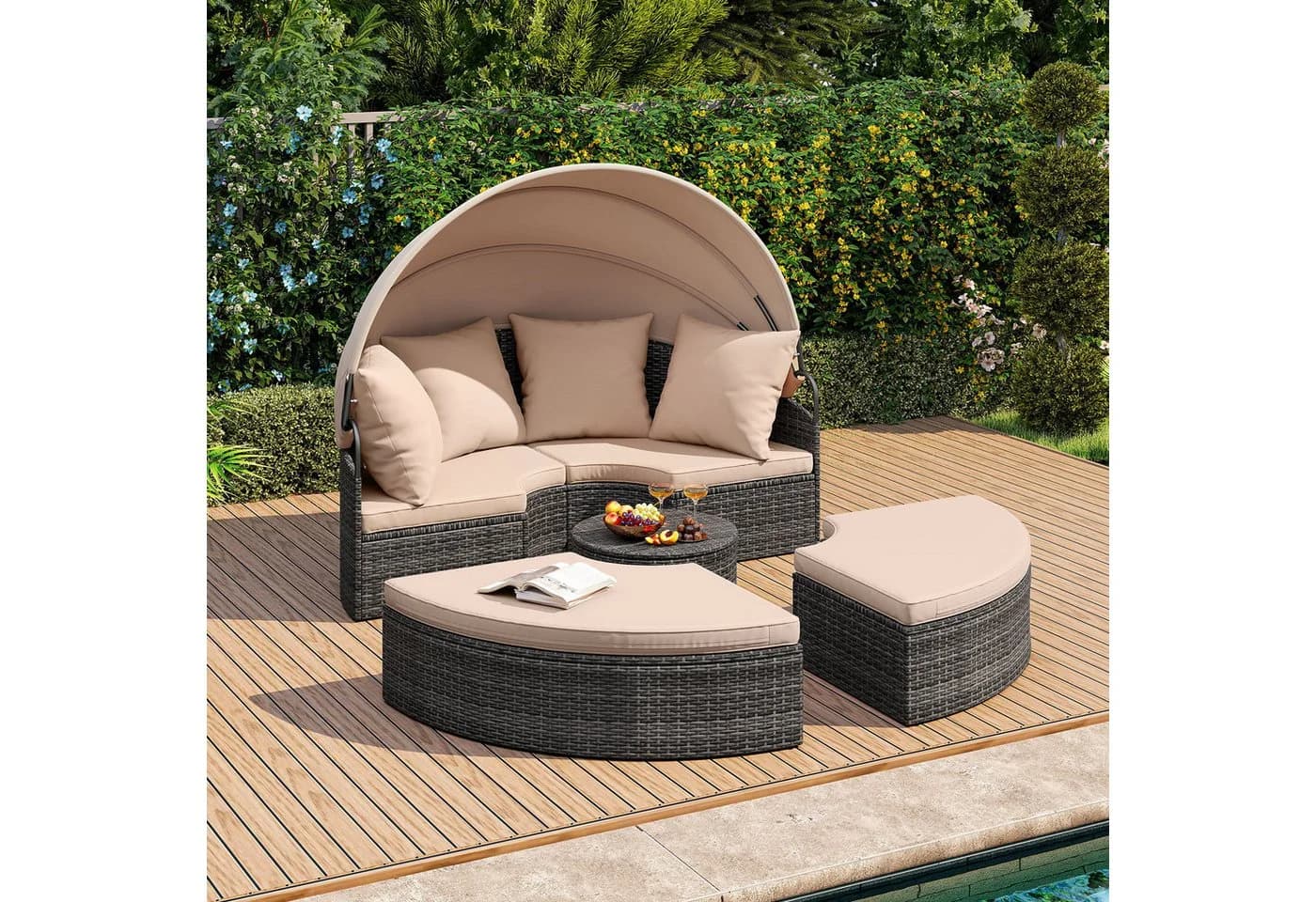 COSTWAY Sonneninsel Rattan mit Vordach und Kissen Beige