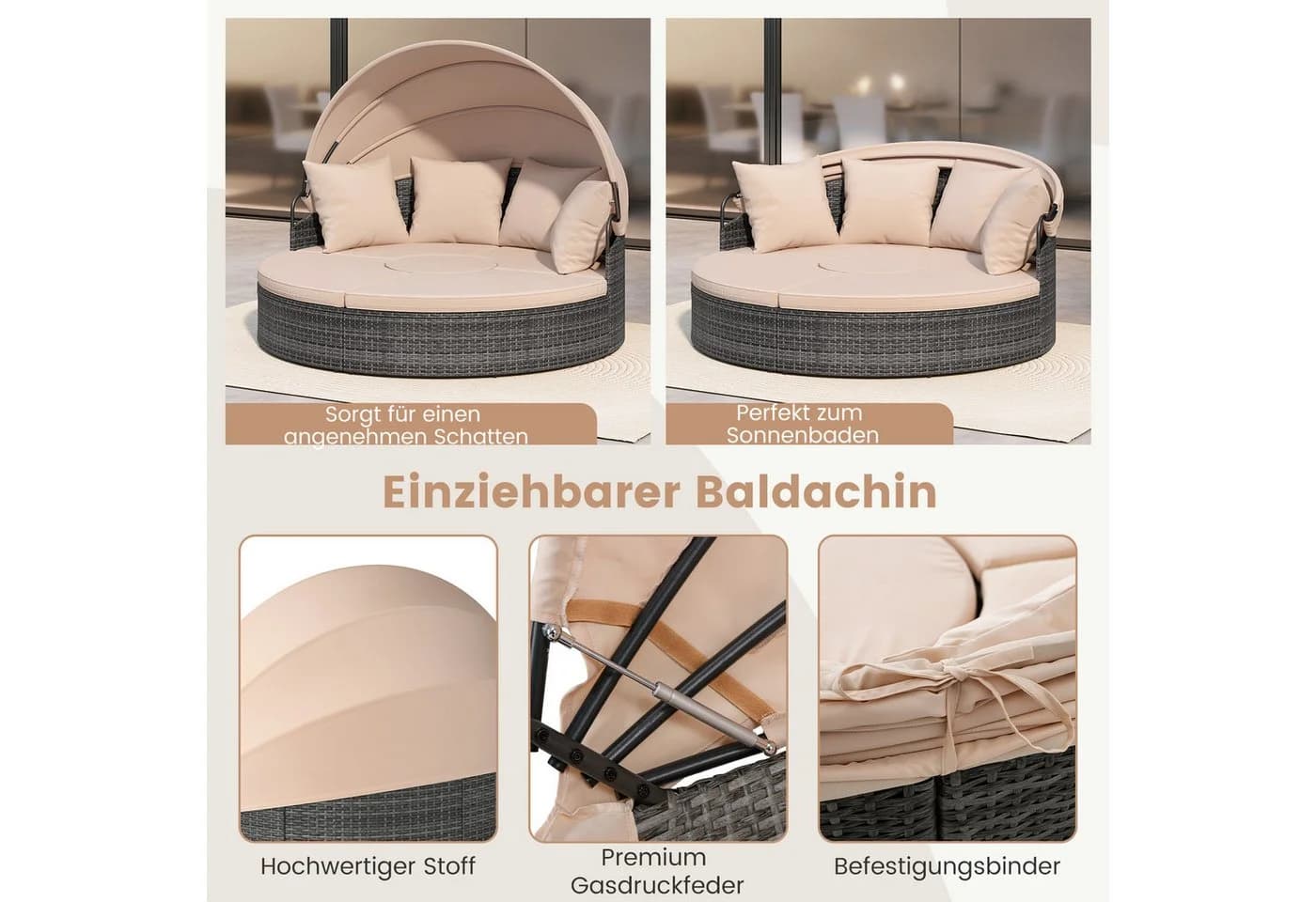COSTWAY Sonneninsel Rattan mit Vordach und Kissen Beige - Bild 3