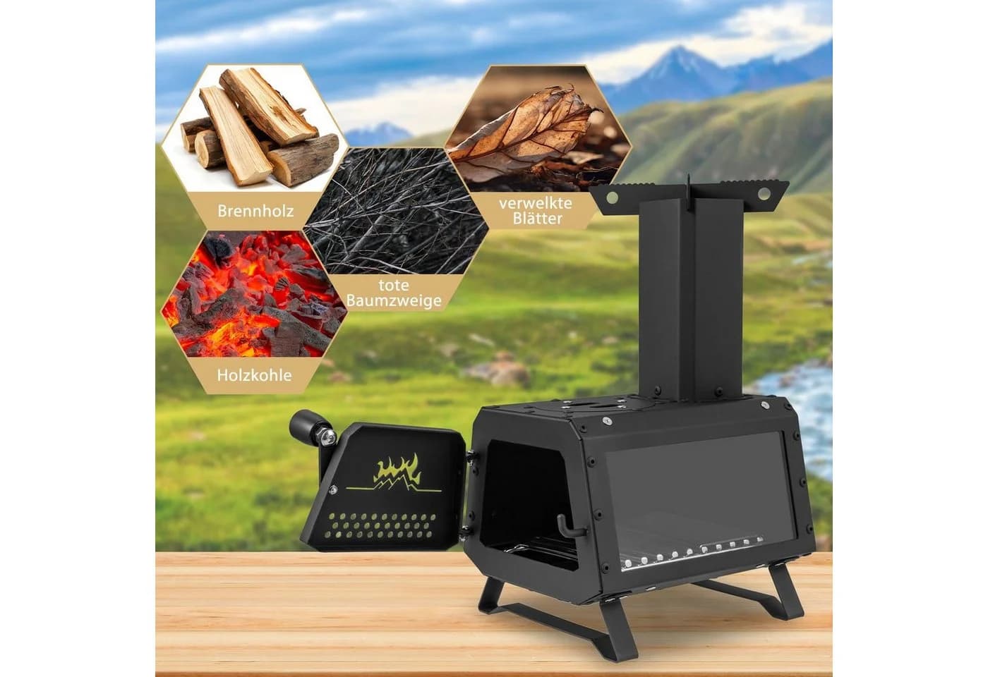 COSTWAY Feuerschale Holzkohle Outdoor BBQ Camping Holzofen Schwarz - Bild 5