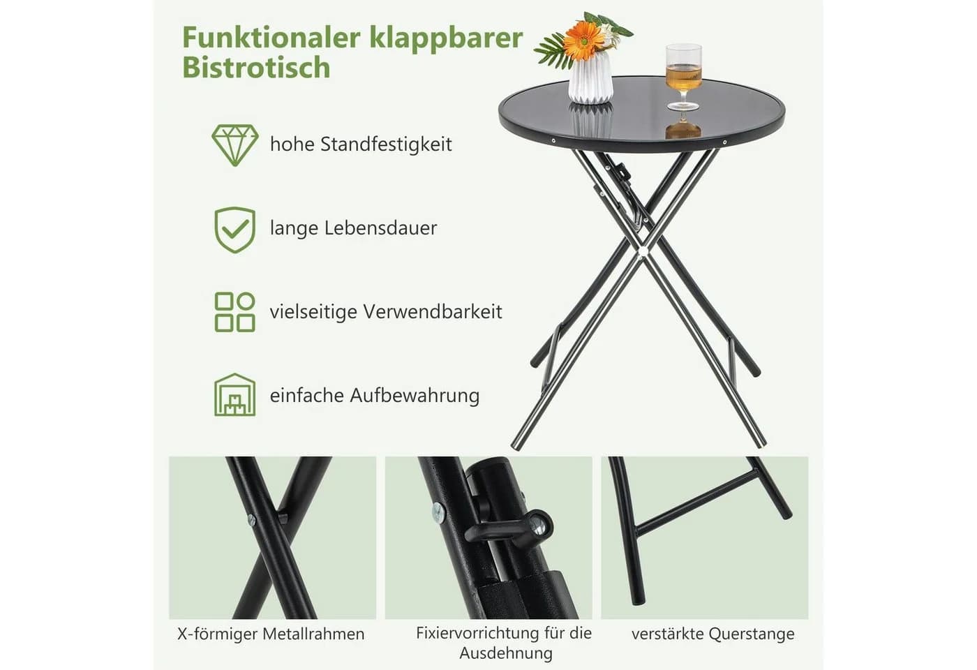 KOMFOTTEU Gartentisch Ø59cm Schwarz Metall & Glas