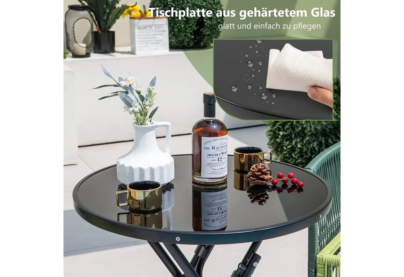 KOMFOTTEU Gartentisch Ø59cm Schwarz Metall & Glas - Bild 3