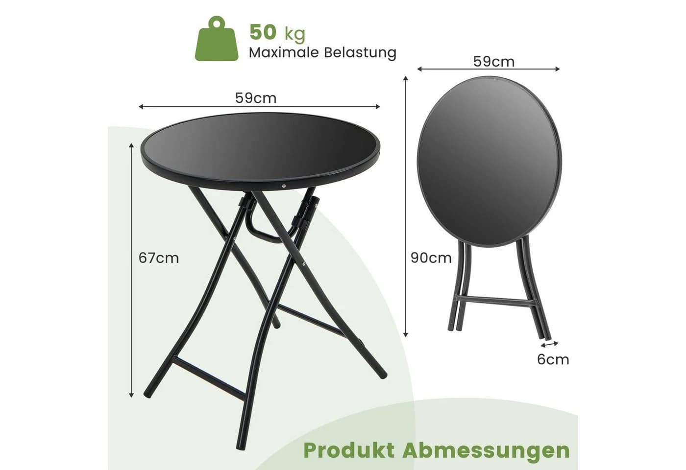 KOMFOTTEU Gartentisch Ø59cm Schwarz Metall & Glas - Bild 5