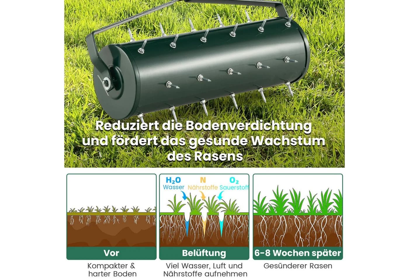 KOMFOTTEU Rasenlüfter Handvertikutierer mit Stiel & 3,4cm Nägeln Grün - Bild 3