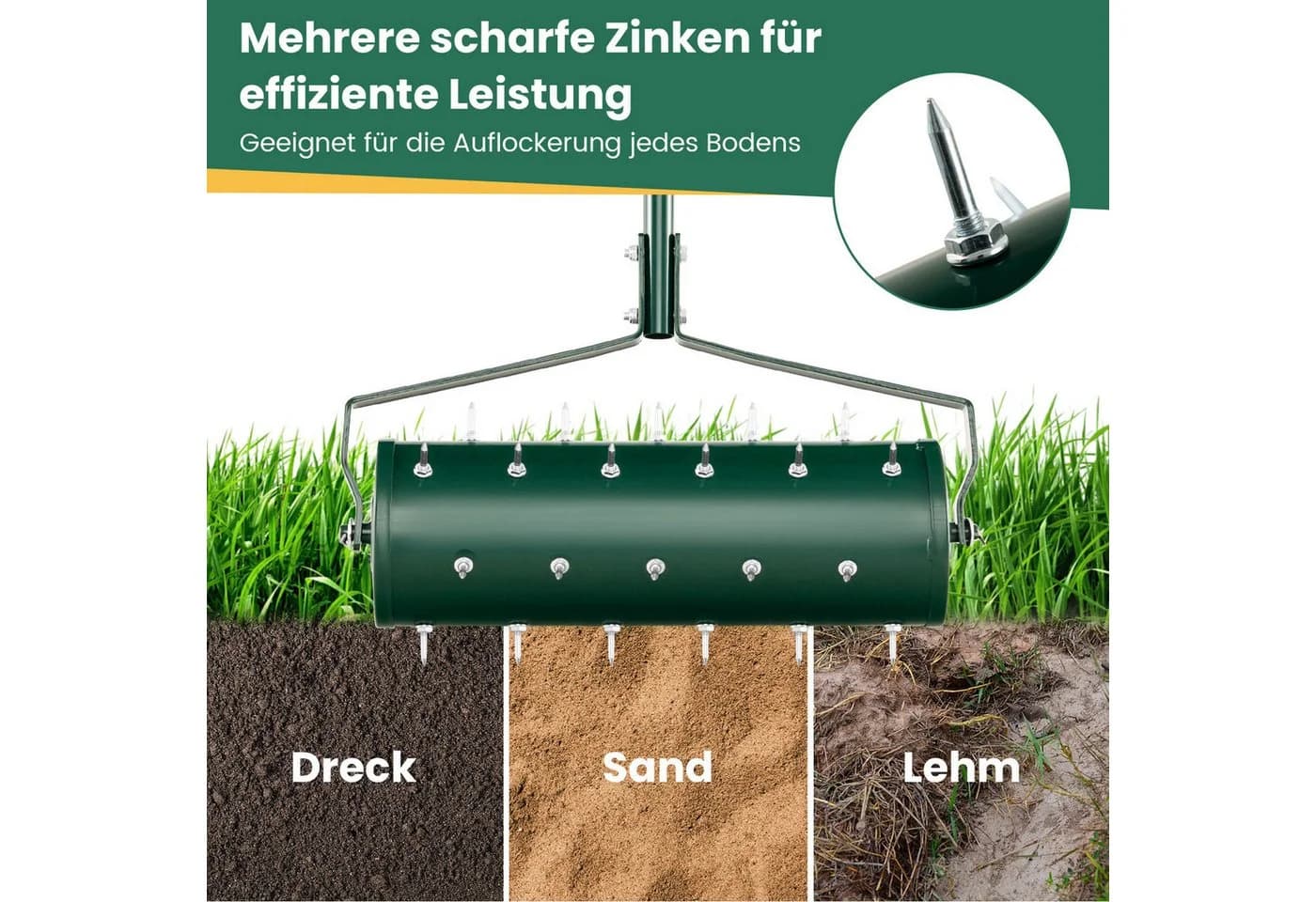 KOMFOTTEU Rasenlüfter Handvertikutierer mit Stiel & 3,4cm Nägeln Grün - Bild 4