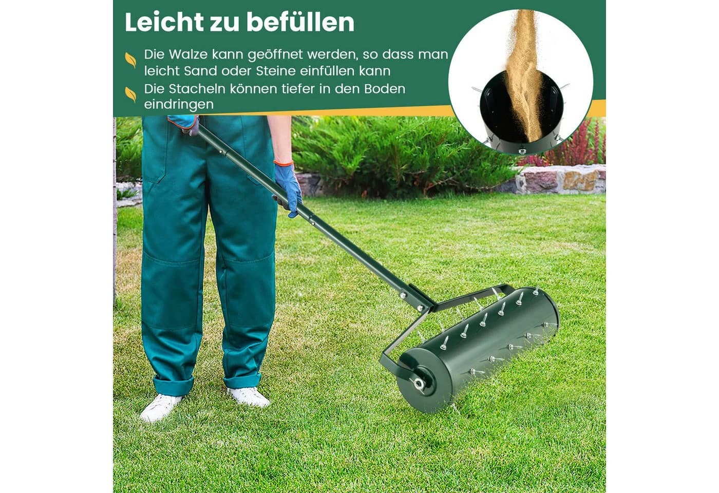 KOMFOTTEU Rasenlüfter Handvertikutierer mit Stiel & 3,4cm Nägeln Grün - Bild 5