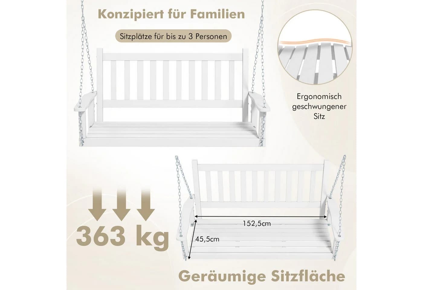 COSTWAY Gartenbank Hängebank Hollywoodschaukel 2-Sitzer Weiß - Bild 4