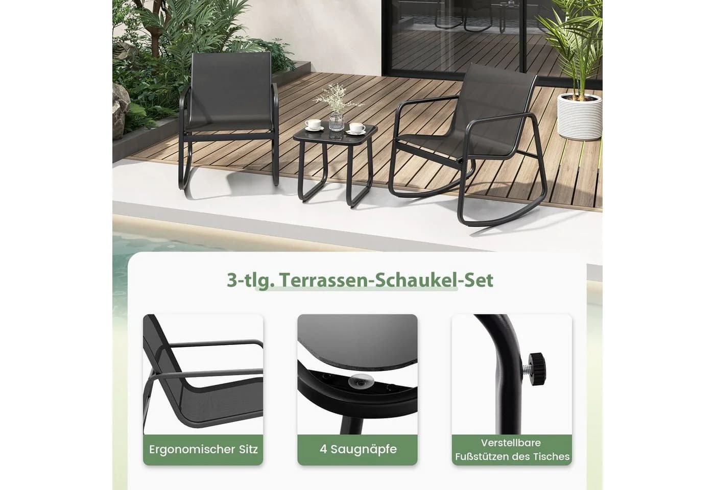 COSTWAY Balkonset 3-tlg. mit 2 Schaukelstühlen & Tisch Schwarz