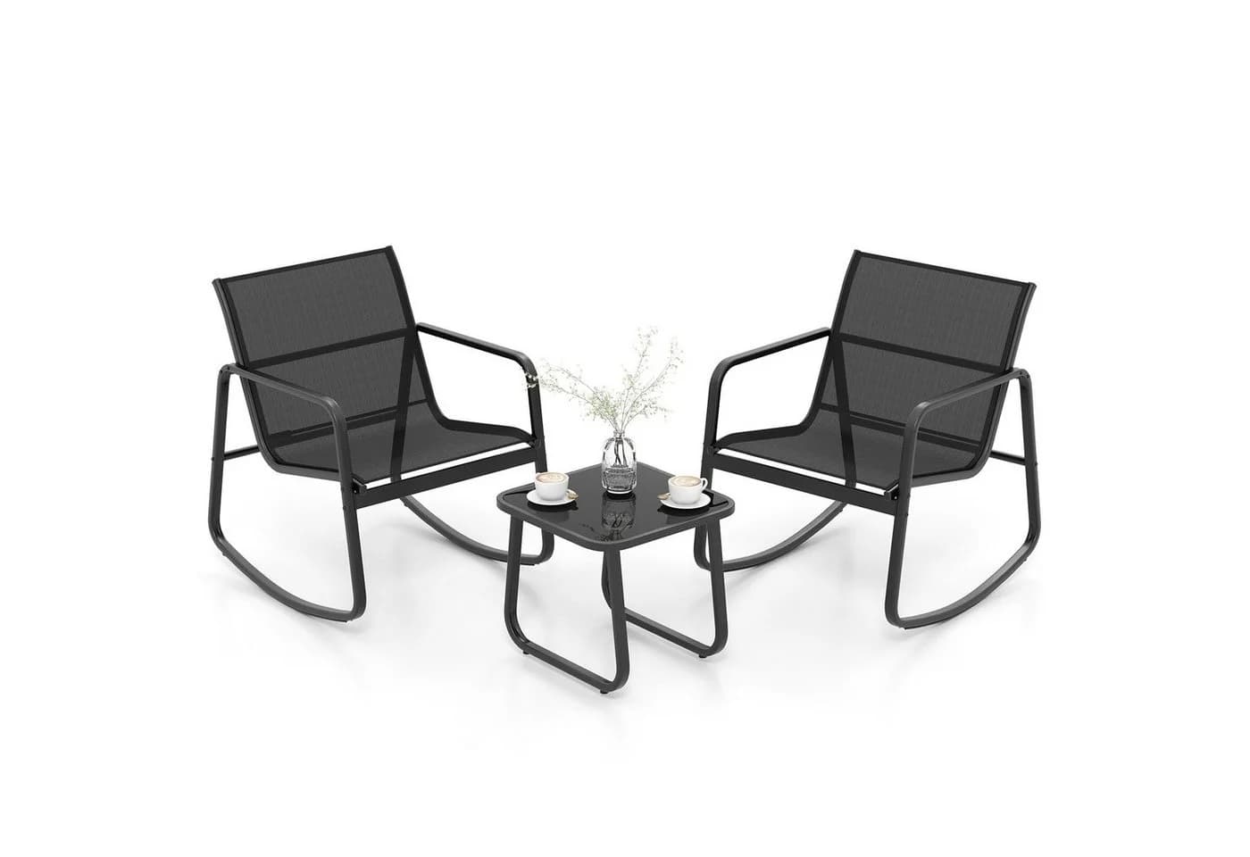 COSTWAY Balkonset 3-tlg. mit 2 Schaukelstühlen & Tisch Schwarz - Bild 2