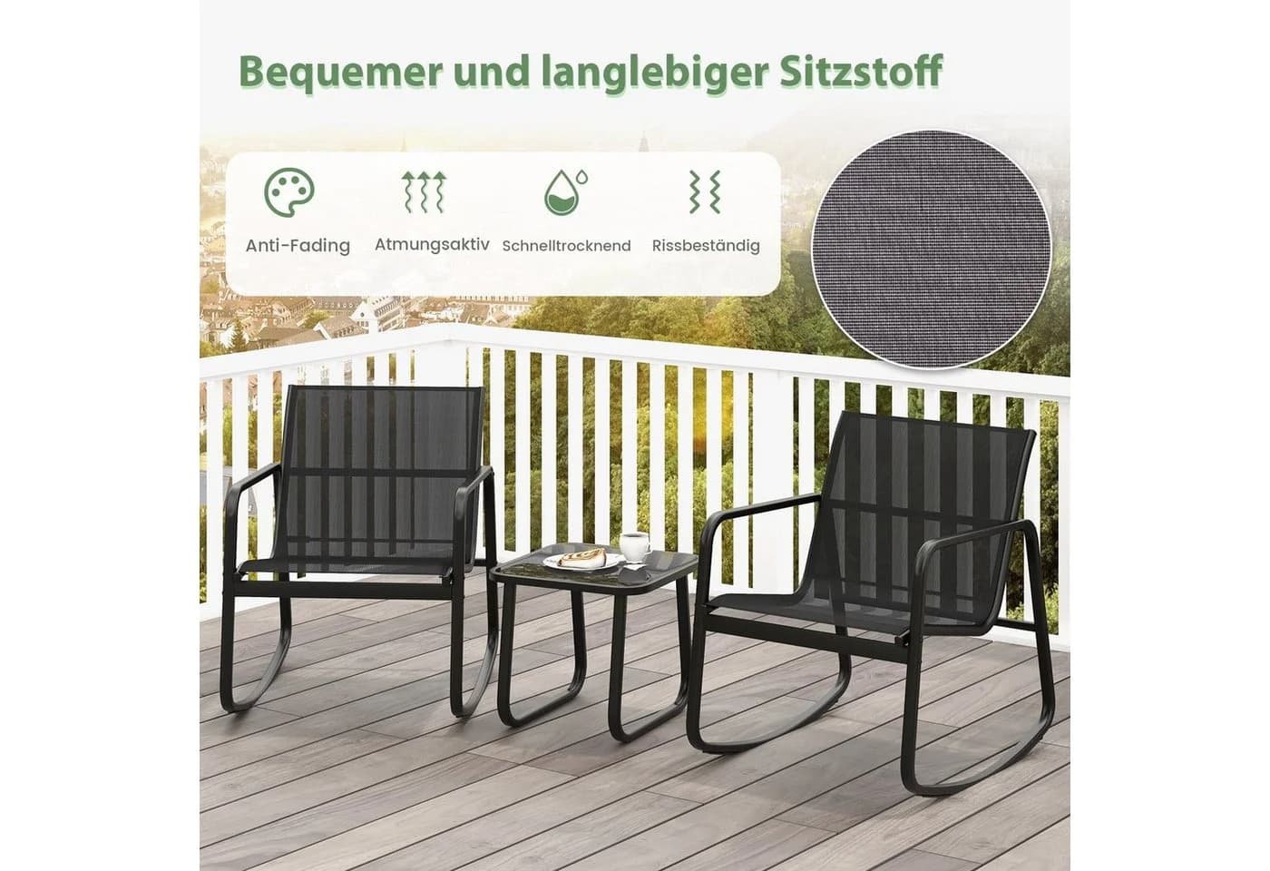 COSTWAY Balkonset 3-tlg. mit 2 Schaukelstühlen & Tisch Schwarz - Bild 4