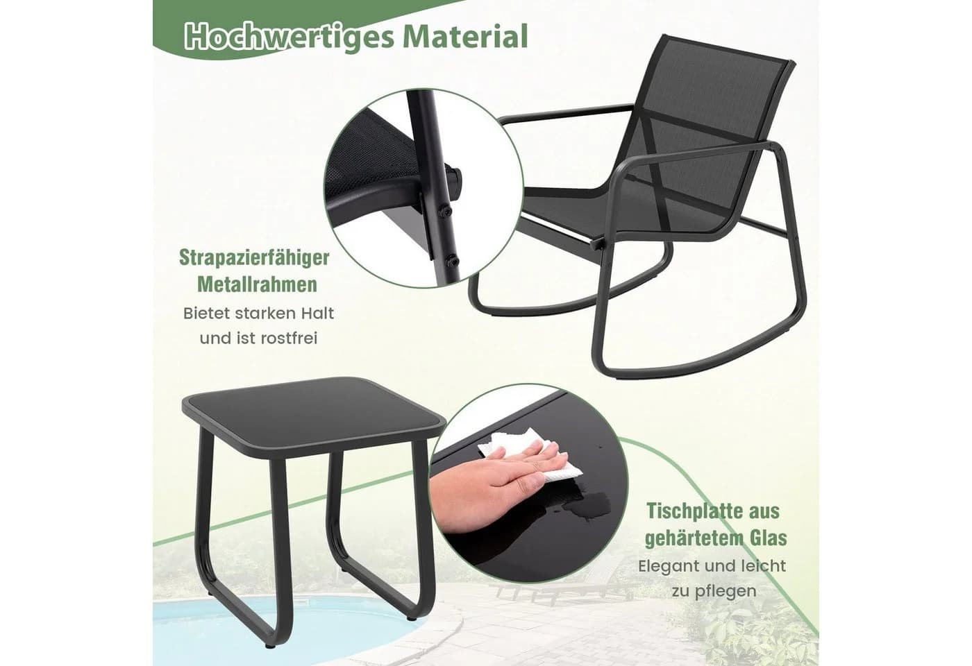 COSTWAY Balkonset 3-tlg. mit 2 Schaukelstühlen & Tisch Schwarz - Bild 5