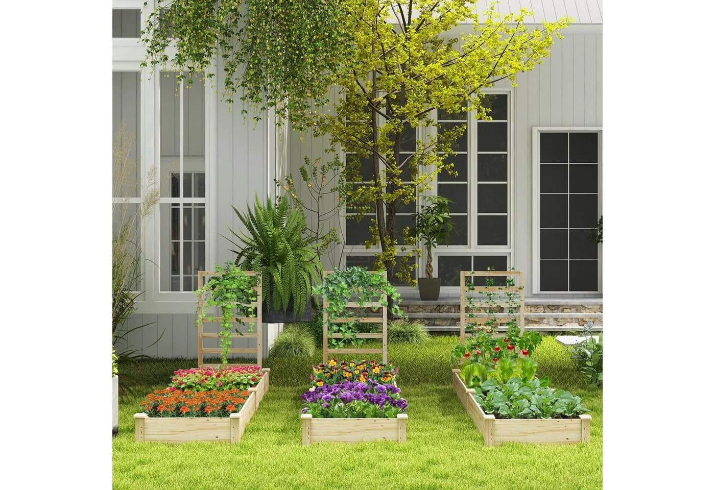 COSTWAY Hochbeet mit Rankgitter, Blumenkasten aus Tannenholz
