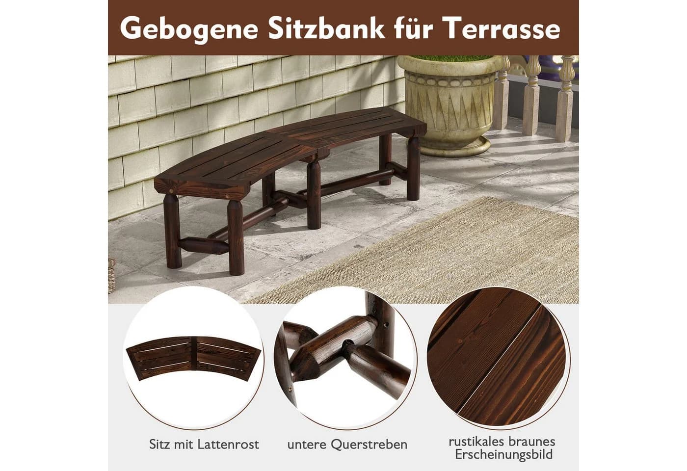 COSTWAY Gartenbank Gebogenes Design Braunes Holz 139 cm - Bild 4