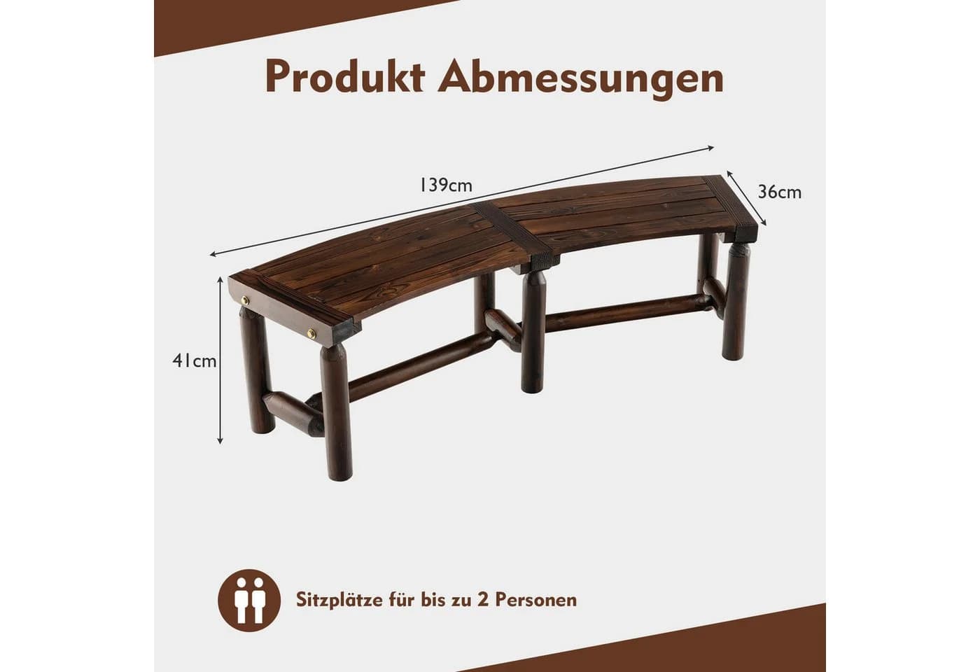COSTWAY Gartenbank Gebogenes Design Braunes Holz 139 cm - Bild 5