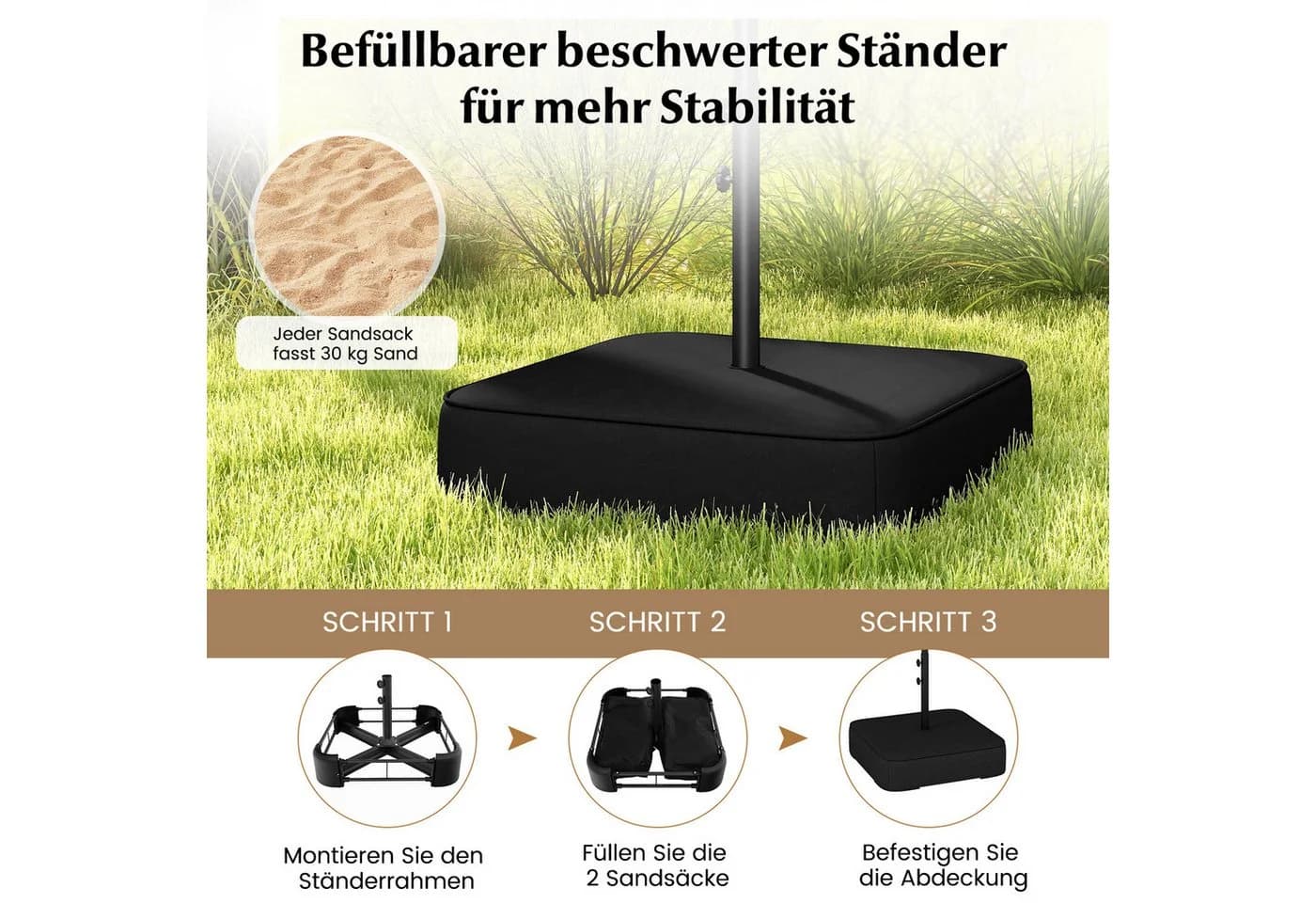 COSTWAY Sonnenschirm 400x200cm Beige mit Ständer und Kurbel