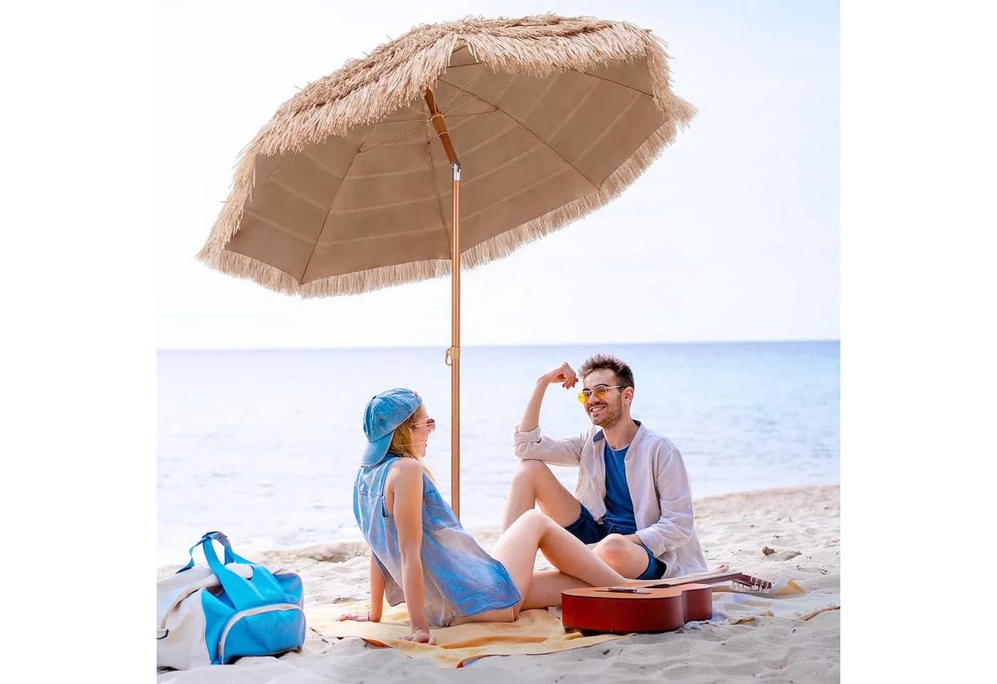 KOMFOTTEU Sonnenschirm mit Strohdach & Neigefunktion