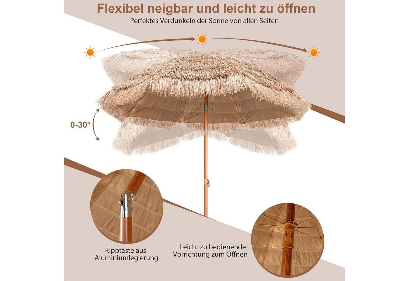 KOMFOTTEU Sonnenschirm mit Strohdach & Neigefunktion - Bild 4