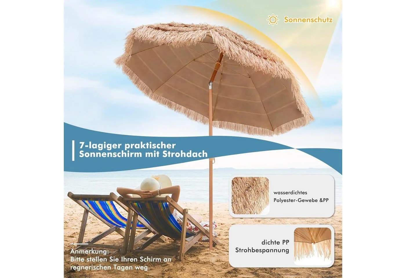 KOMFOTTEU Sonnenschirm mit Strohdach & Neigefunktion - Bild 5
