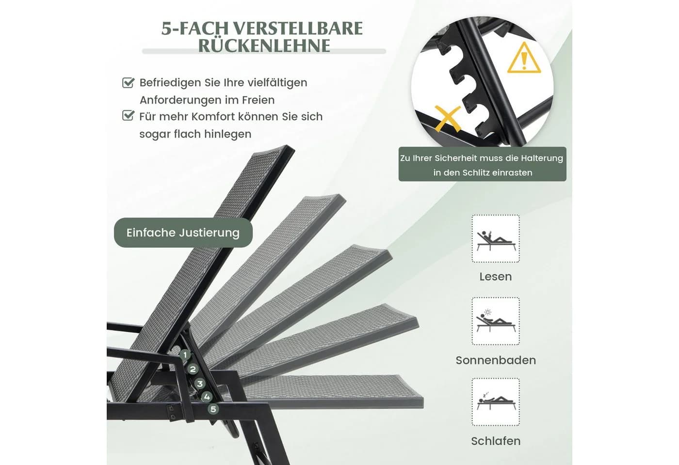 COSTWAY Gartenliege Rattan 5-fach verstellbar Braun