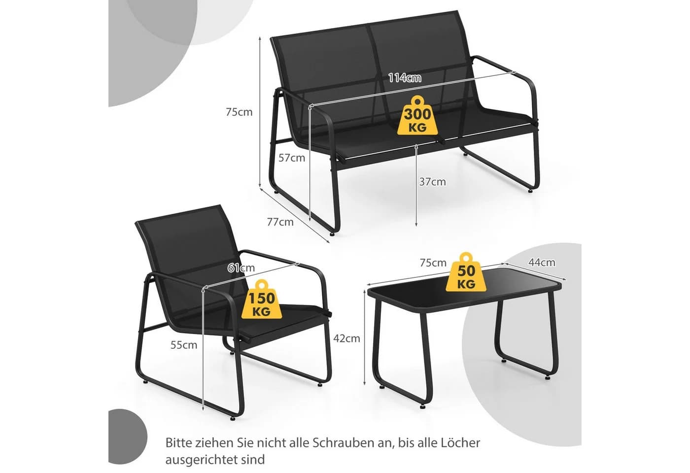 COSTWAY Balkonset 4-tlg. Schwarz mit Tisch, Sofa & Stühlen - Bild 5