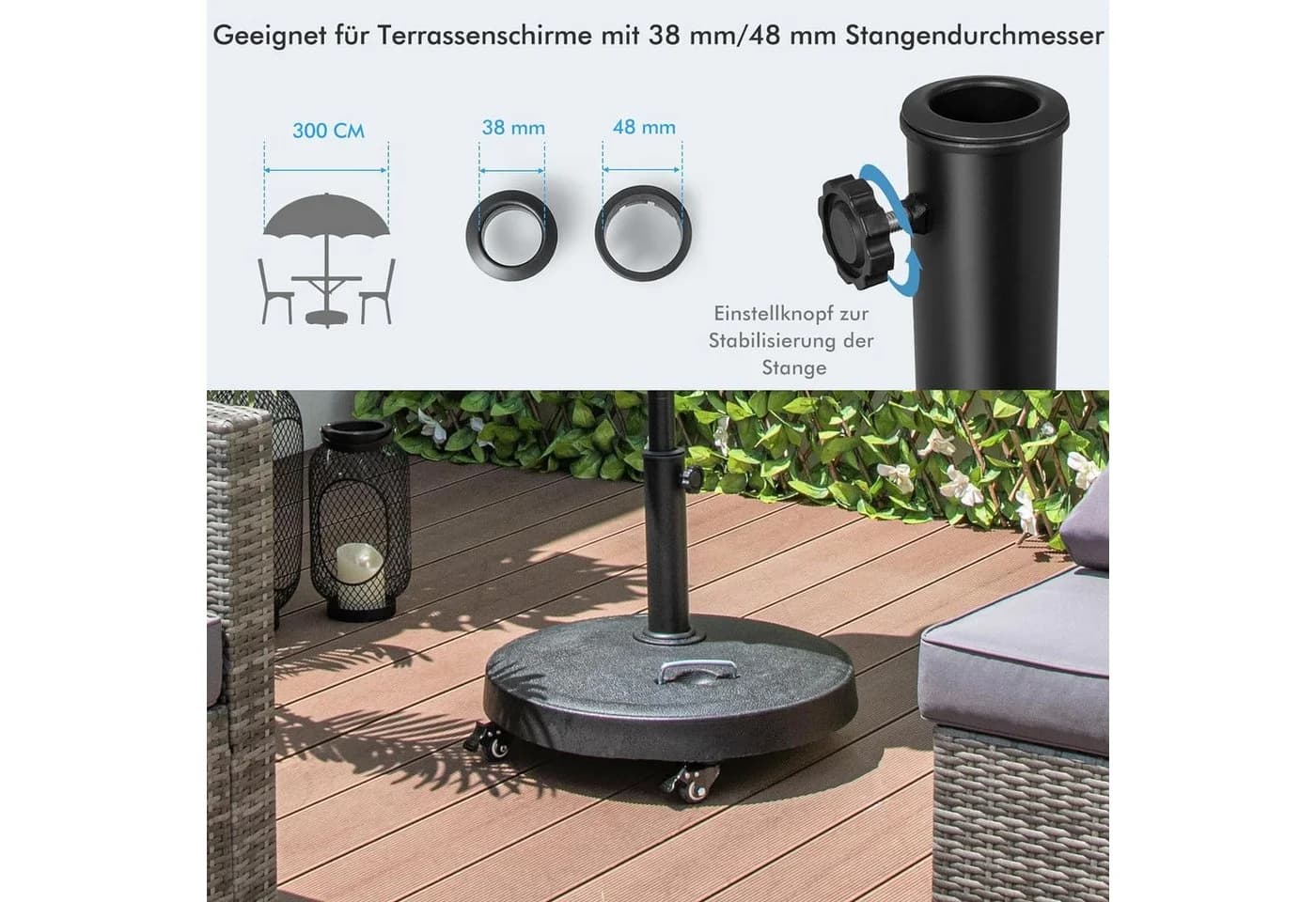KOMFOTTEU Schirmständer Schwarz mit Rollen und Adaptern