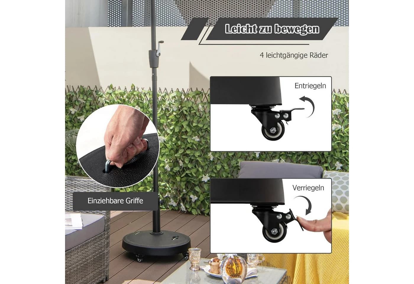 KOMFOTTEU Schirmständer Schwarz mit Rollen und Adaptern - Bild 4