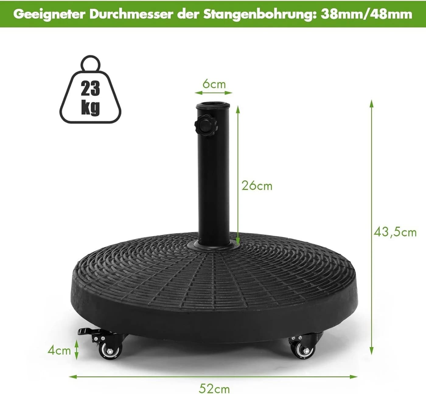 KOMFOTTEU Schirmständer mit Rollen Schwarz für 38/48mm Schirmstangen - Bild 5