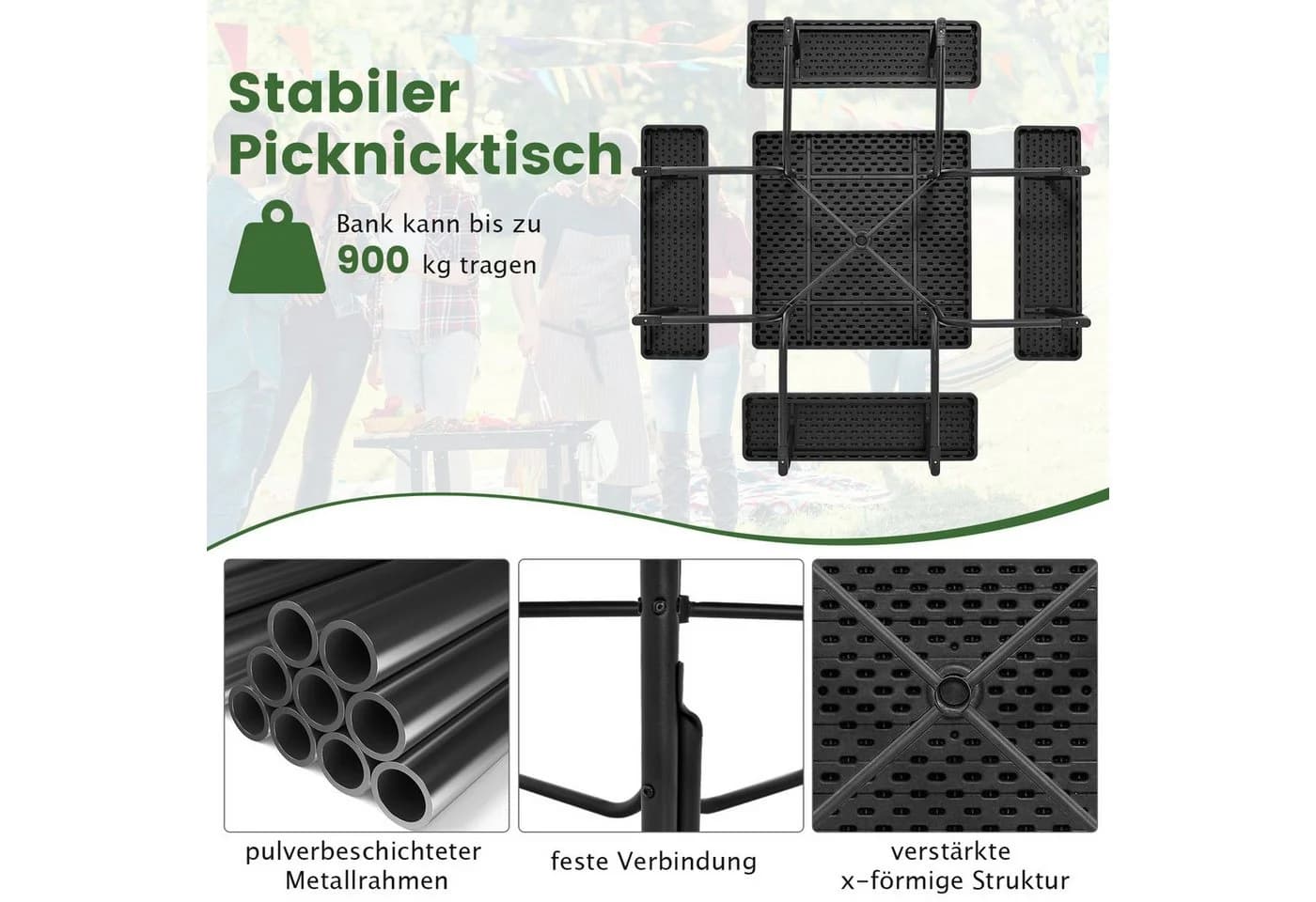 COSTWAY Bierzeltgarnitur 8-Sitzer Schwarz Metall HDPE
