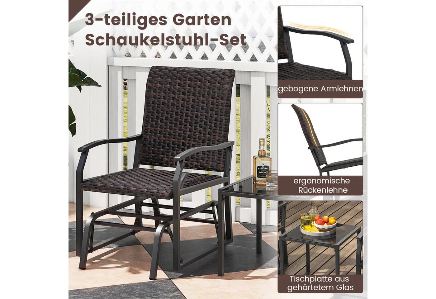 COSTWAY Balkonset 3-tlg. mit 2 Schaukelstühlen & Tisch Rattan - Bild 5